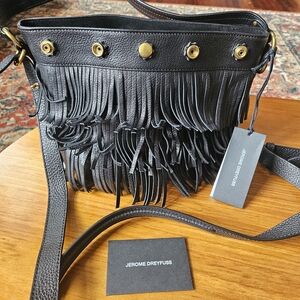 Jerome Dreyfuss Black Leather Fringe Crossbody with Gold Hardware